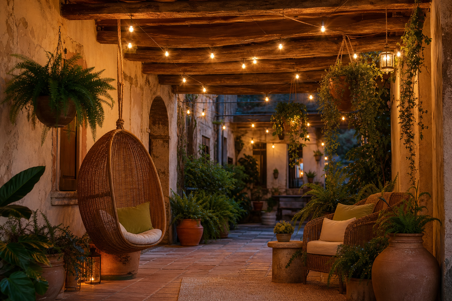 Portico decorato con luci e piante