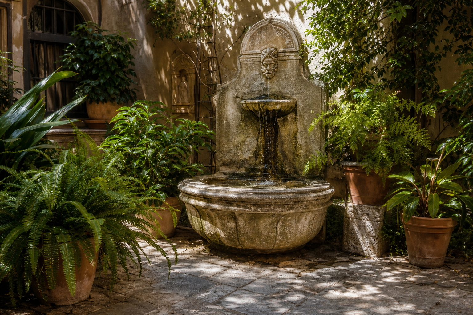 Fontana in pietra con piante in vaso
