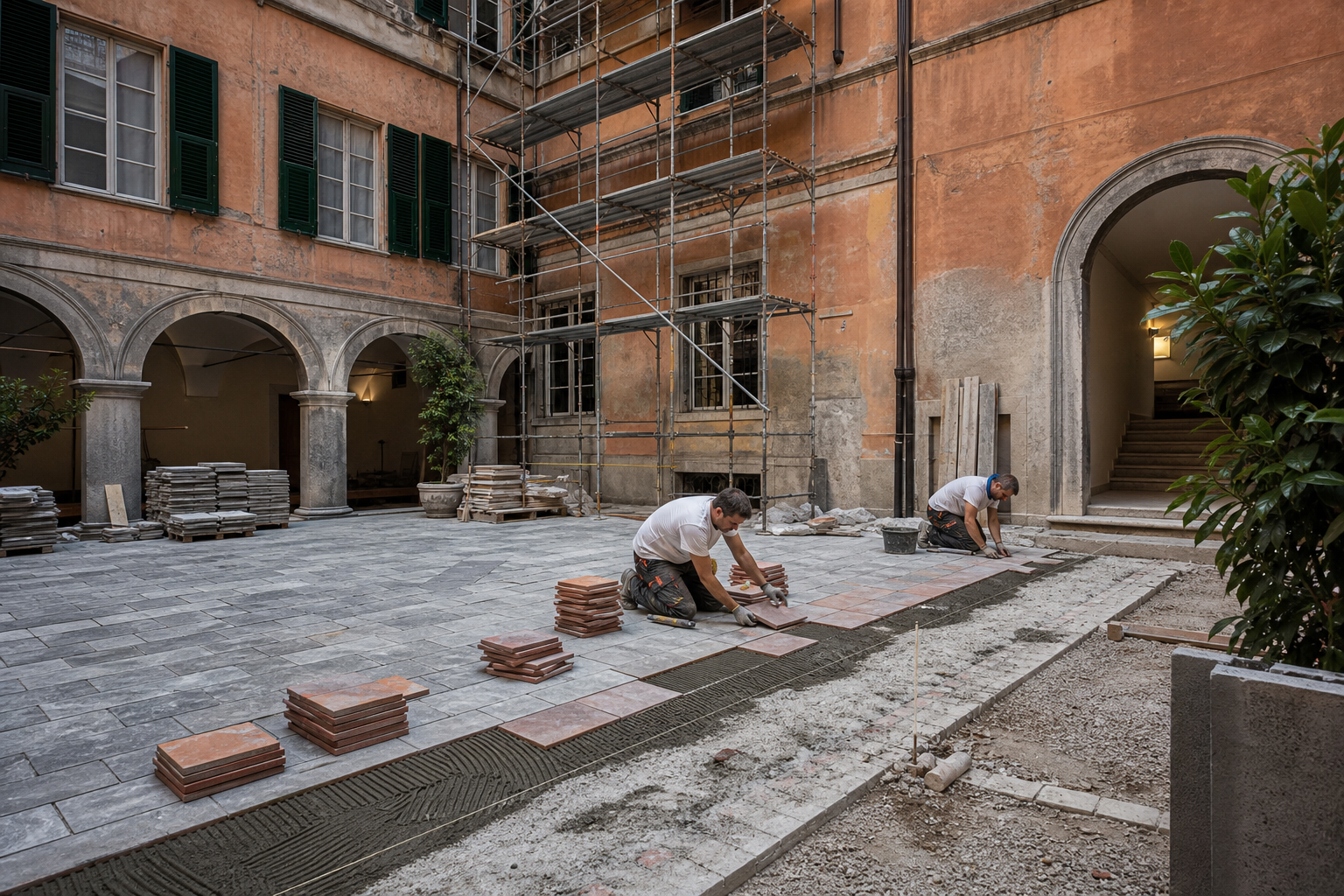 Cantiere di rinnovamento di un cortile genovese