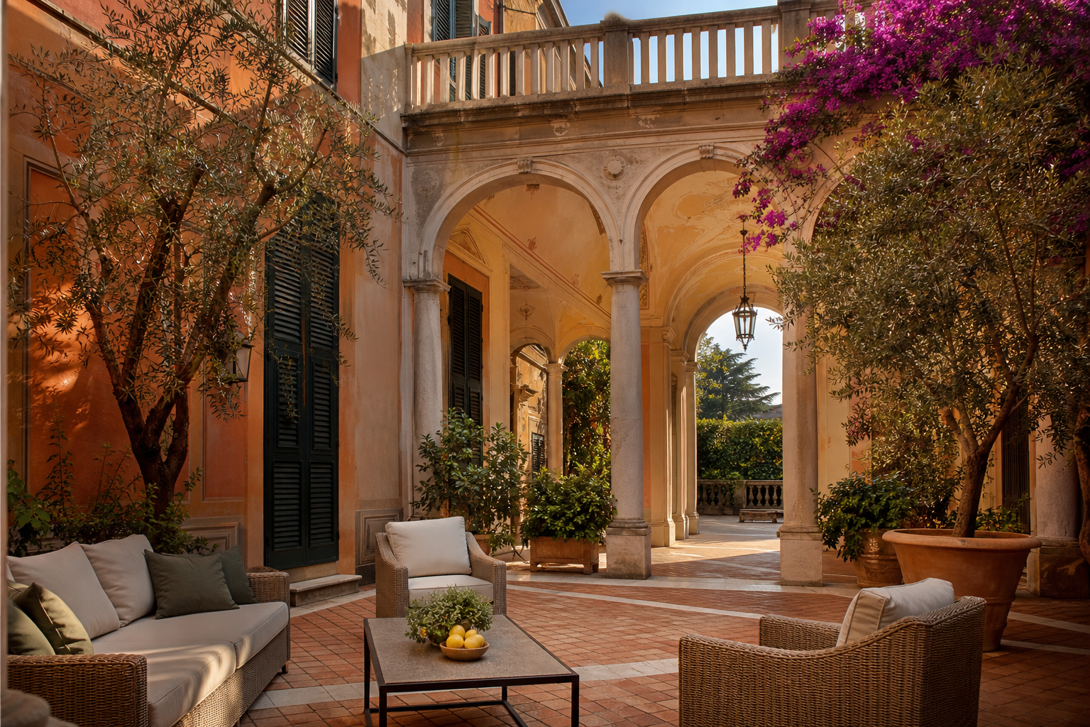 Cortile porticato in pietra a Genova con arredi outdoor e verde
